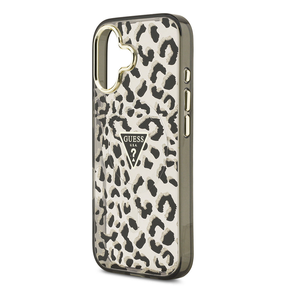 Apple iPhone 17 Kılıf Guess Orjinal Lisanslı M-safe Şarj Özellikli Üçgen Logolu Simli Leopar Desenli Kapak