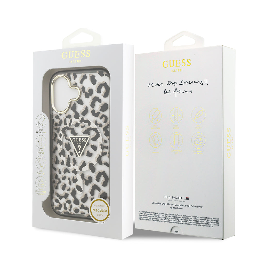 Apple iPhone 17 Kılıf Guess Orjinal Lisanslı M-safe Şarj Özellikli Üçgen Logolu Simli Leopar Desenli Kapak
