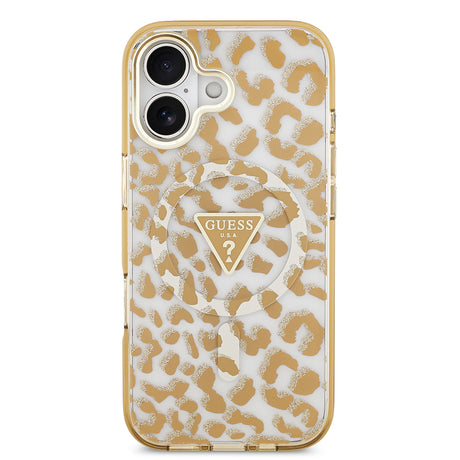 Apple iPhone 17 Kılıf Guess Orjinal Lisanslı M-safe Şarj Özellikli Üçgen Logolu Simli Leopar Desenli Kapak