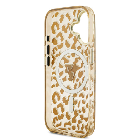 Apple iPhone 17 Kılıf Guess Orjinal Lisanslı M-safe Şarj Özellikli Üçgen Logolu Simli Leopar Desenli Kapak
