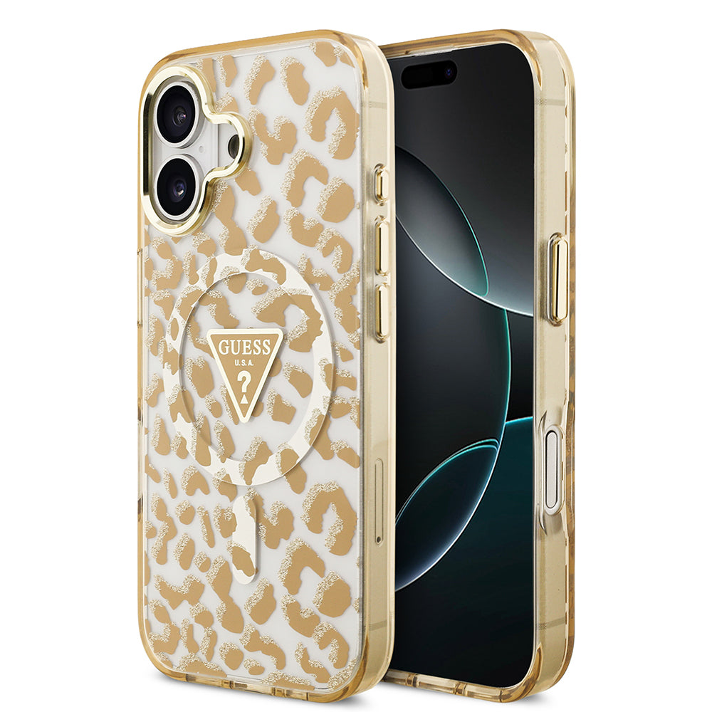 Apple iPhone 17 Kılıf Guess Orjinal Lisanslı M-safe Şarj Özellikli Üçgen Logolu Simli Leopar Desenli Kapak