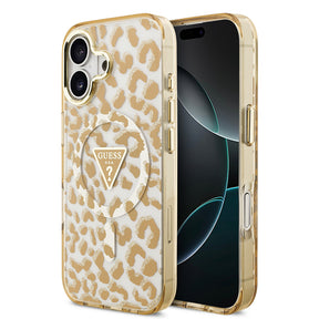 Apple iPhone 17 Kılıf Guess Orjinal Lisanslı M-safe Şarj Özellikli Üçgen Logolu Simli Leopar Desenli Kapak