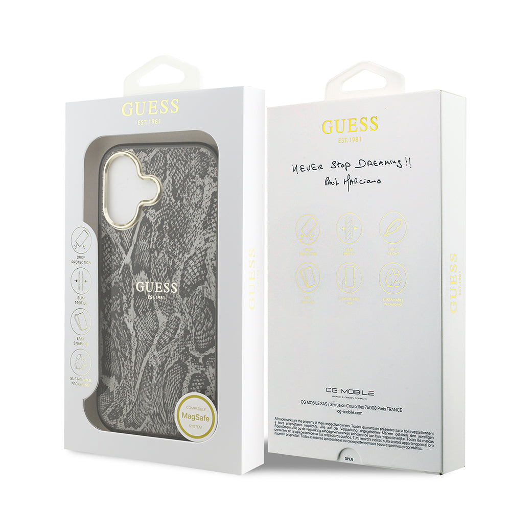 Apple iPhone 17 Kılıf Guess Orjinal Lisanslı M-safe Şarj Özellikli Yazı Logolu Python Desenli Kapak