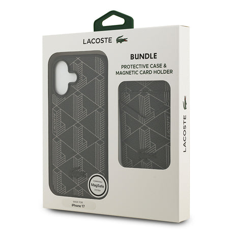 Apple iPhone 17 Kılıf Lacoste Orjinal Lisanslı M-safe Şarj Özellikli PU Deri Tasarımlı Kartlıklı Karışık Monogram Desenli Kapak