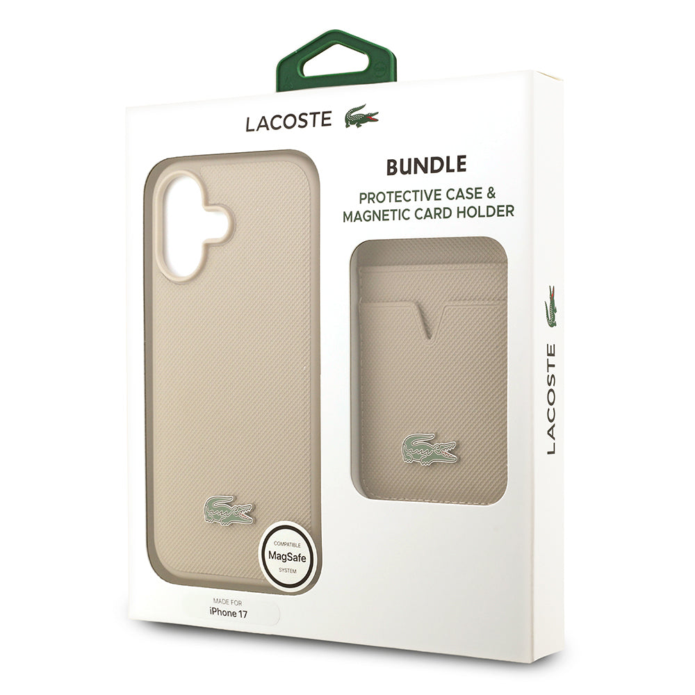 Apple iPhone 17 Kılıf Lacoste Orjinal Lisanslı M-safe Şarj Özellikli PU Pike Desenli Metal Logolu Kartlıklı Kapak
