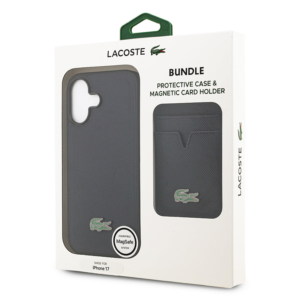 Apple iPhone 17 Kılıf Lacoste Orjinal Lisanslı M-safe Şarj Özellikli PU Pike Desenli Metal Logolu Kartlıklı Kapak