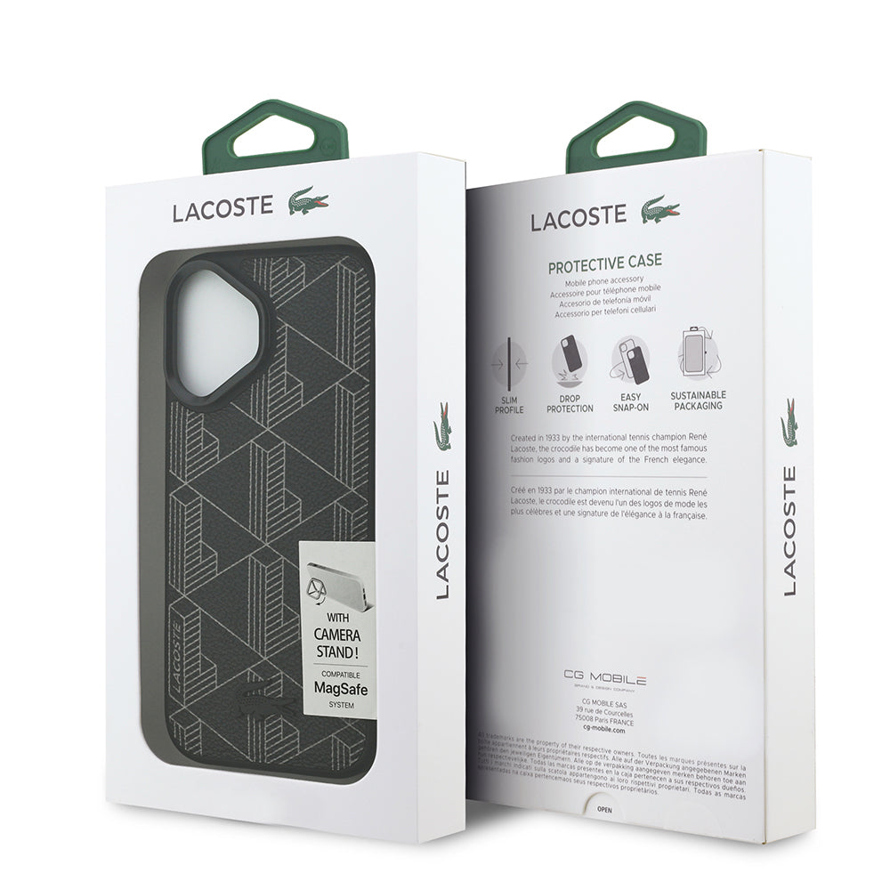Apple iPhone 17 Kılıf Lacoste Orjinal Lisanslı M-safe Şarj Özellikli Standlı PU Deri Karışık Monogram Desenli Kapak