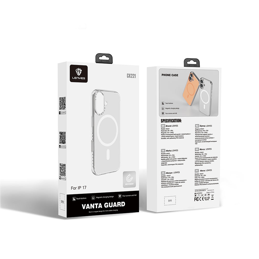 Apple iPhone 17 Kılıf M-safe Şarj Özellikli Metal Kamera Çerçeveli Airbag Tasarımlı Lenyes CK221 Sert PC Kapak