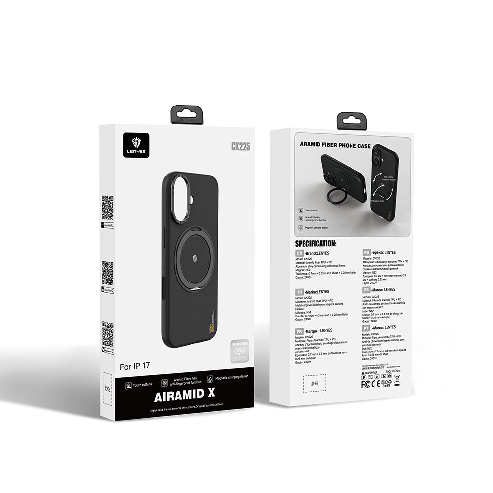 Apple iPhone 17 Kılıf M-safe Şarj Özellikli Metal Standlı Lenyes CK225 Kevlar Kapak