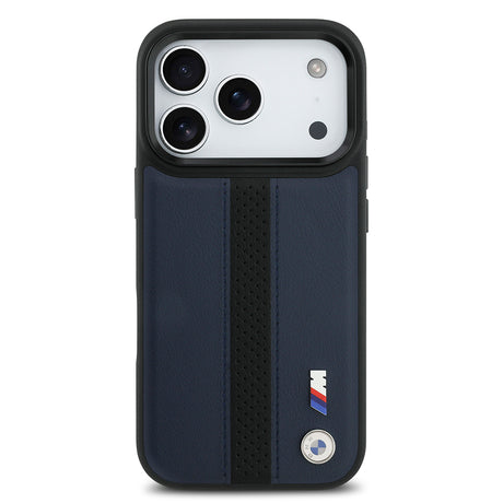 Apple iPhone 17 Pro Kılıf BMW Orjinal Lisanslı M-safe Şarj Özellikli Deri Arka Yüzey Metal Logolu Delikli Şerit Tasarımlı Kapak
