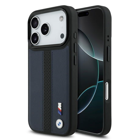 Apple iPhone 17 Pro Kılıf BMW Orjinal Lisanslı M-safe Şarj Özellikli Deri Arka Yüzey Metal Logolu Delikli Şerit Tasarımlı Kapak