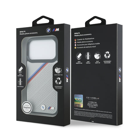 Apple iPhone 17 Pro Kılıf BMW Orjinal Lisanslı M-safe Şarj Özellikli M Logolu Üç Şeritli Delikli Deri Kapak