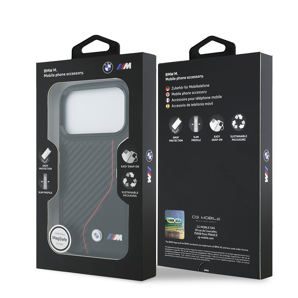 Apple iPhone 17 Pro Kılıf BMW Orjinal Lisanslı M-safe Şarj Özellikli Metal BMW ve M Logolu PU Karbon Tasarımlı Kapak