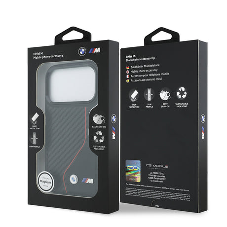 Apple iPhone 17 Pro Kılıf BMW Orjinal Lisanslı M-safe Şarj Özellikli Metal BMW ve M Logolu PU Karbon Tasarımlı Kapak