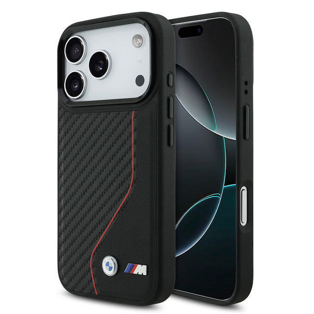 Apple iPhone 17 Pro Kılıf BMW Orjinal Lisanslı M-safe Şarj Özellikli Metal BMW ve M Logolu PU Karbon Tasarımlı Kapak