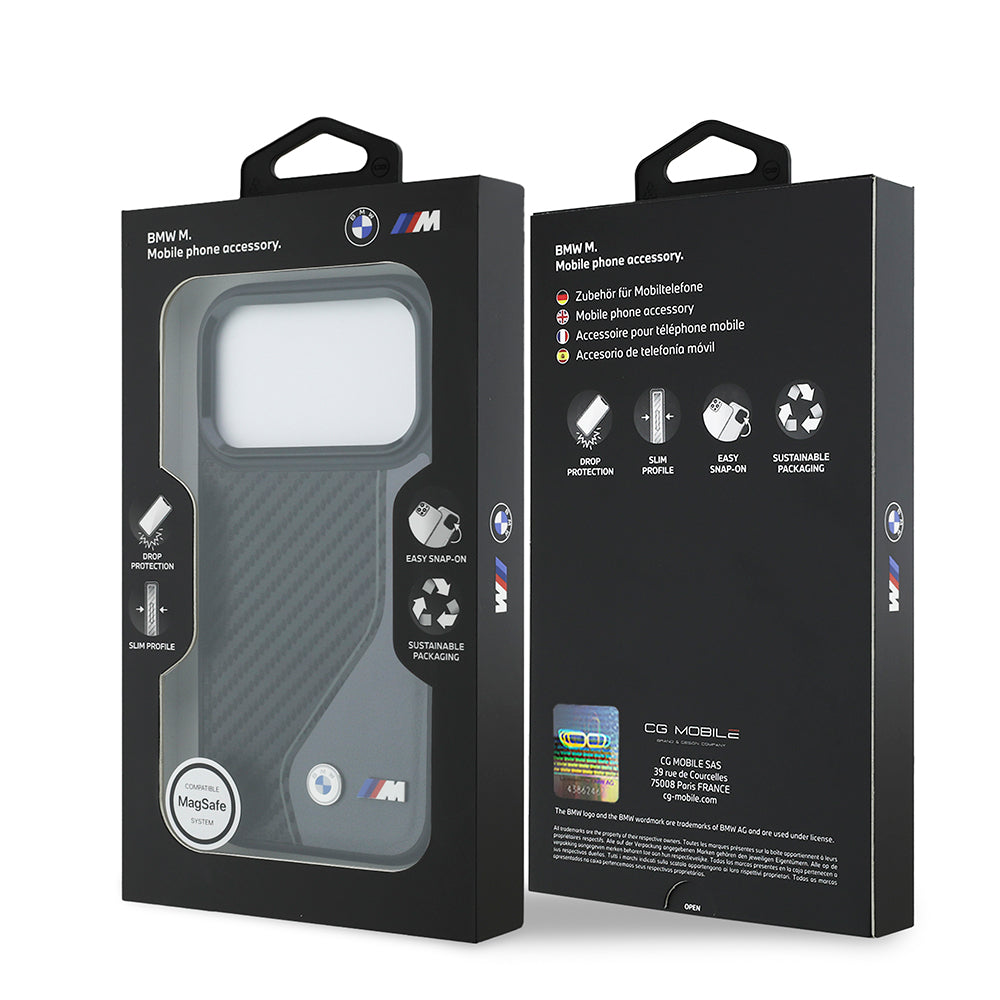 Apple iPhone 17 Pro Kılıf BMW Orjinal Lisanslı M-safe Şarj Özellikli Metal BMW ve M Logolu PU Karbon Tasarımlı Kapak