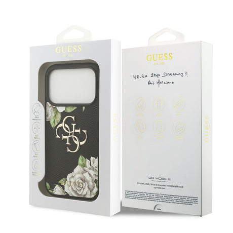 Apple iPhone 17 Pro Kılıf Guess Orjinal Lisanslı Gül Baskılı Büyük Metal Logo Dizaynlı Kapak