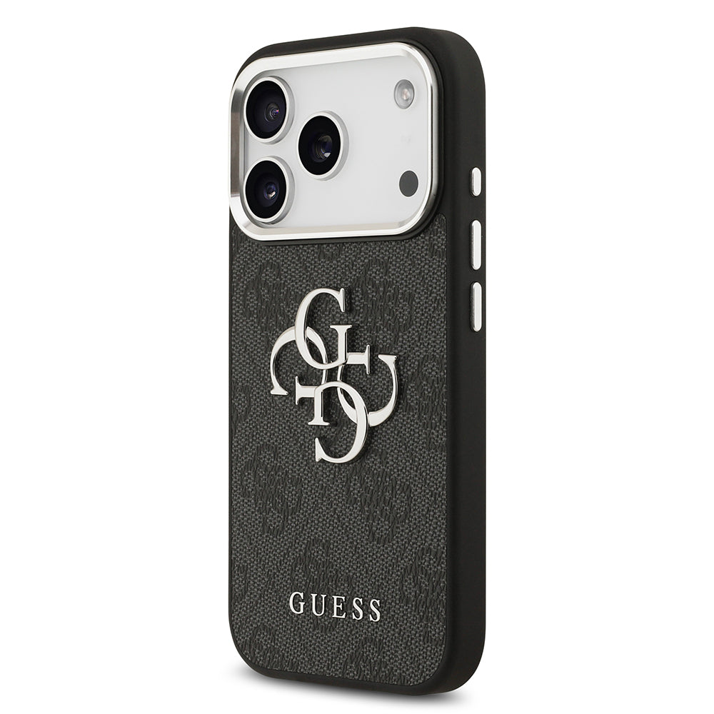 Apple iPhone 17 Pro Kılıf Guess Orjinal Lisanslı Gümüş Metal Kamera Çerçeveli 4G Desenli Metal Büyük 4G ve Yazı Logolu Kapak