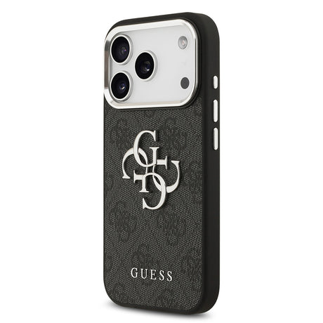 Apple iPhone 17 Pro Kılıf Guess Orjinal Lisanslı Gümüş Metal Kamera Çerçeveli 4G Desenli Metal Büyük 4G ve Yazı Logolu Kapak