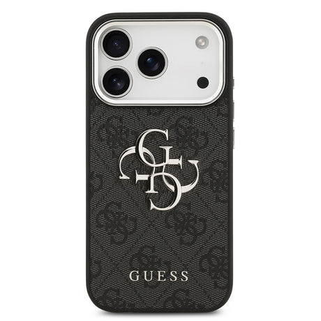 Apple iPhone 17 Pro Kılıf Guess Orjinal Lisanslı Gümüş Metal Kamera Çerçeveli 4G Desenli Metal Büyük 4G ve Yazı Logolu Kapak