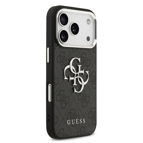 Apple iPhone 17 Pro Kılıf Guess Orjinal Lisanslı Gümüş Metal Kamera Çerçeveli 4G Desenli Metal Büyük 4G ve Yazı Logolu Kapak