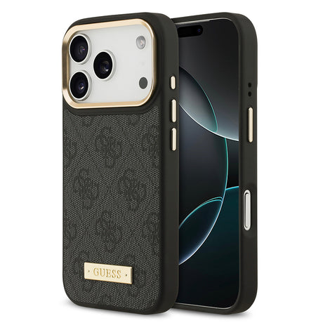 Apple iPhone 17 Pro Kılıf Guess Orjinal Lisanslı M-safe Şarj Özellikli 4G Desenli PU Metal Plaka Klasik Logolu Kapak