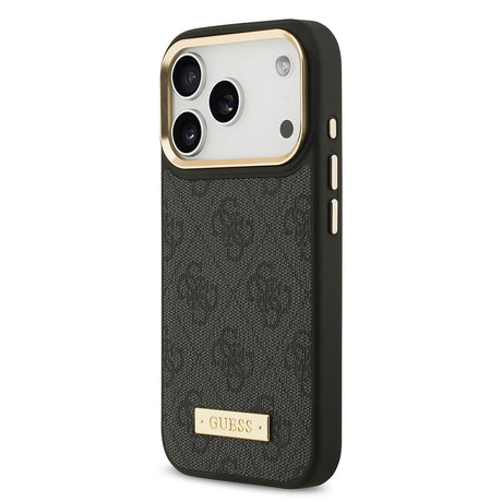 Apple iPhone 17 Pro Kılıf Guess Orjinal Lisanslı M-safe Şarj Özellikli 4G Desenli PU Metal Plaka Klasik Logolu Kapak