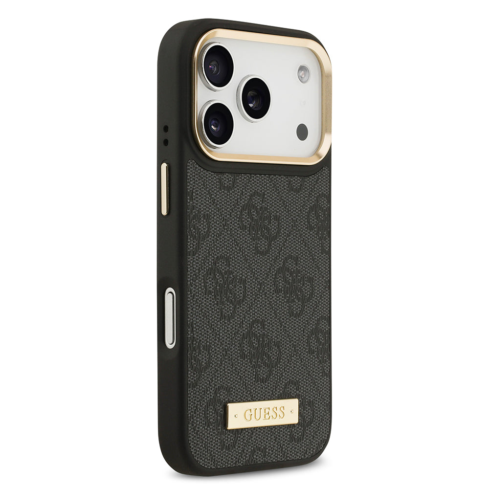 Apple iPhone 17 Pro Kılıf Guess Orjinal Lisanslı M-safe Şarj Özellikli 4G Desenli PU Metal Plaka Klasik Logolu Kapak