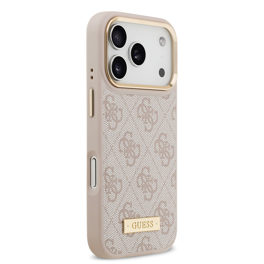 Apple iPhone 17 Pro Kılıf Guess Orjinal Lisanslı M-safe Şarj Özellikli 4G Desenli PU Metal Plaka Klasik Logolu Kapak