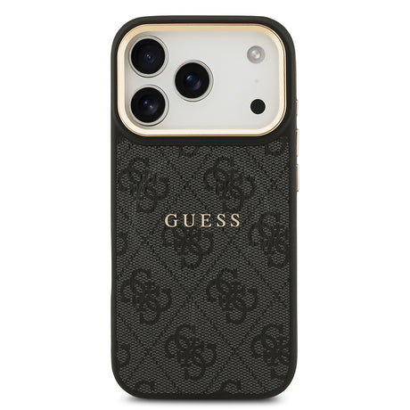 Apple iPhone 17 Pro Kılıf Guess Orjinal Lisanslı M-safe Şarj Özellikli Gold Metal Kamera Çerçeveli PU Deri 4G Desenli Yazı Logolu Kapak