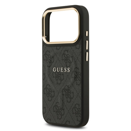 Apple iPhone 17 Pro Kılıf Guess Orjinal Lisanslı M-safe Şarj Özellikli Gold Metal Kamera Çerçeveli PU Deri 4G Desenli Yazı Logolu Kapak
