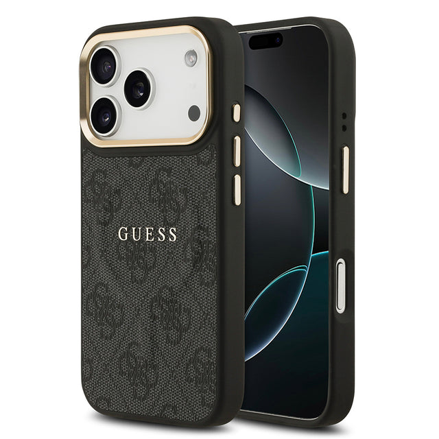 Apple iPhone 17 Pro Kılıf Guess Orjinal Lisanslı M-safe Şarj Özellikli Gold Metal Kamera Çerçeveli PU Deri 4G Desenli Yazı Logolu Kapak