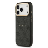 Apple iPhone 17 Pro Kılıf Guess Orjinal Lisanslı M-safe Şarj Özellikli Gold Metal Kamera Çerçeveli PU Deri 4G Desenli Yazı Logolu Kapak