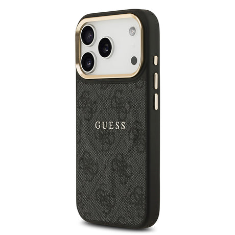 Apple iPhone 17 Pro Kılıf Guess Orjinal Lisanslı M-safe Şarj Özellikli Gold Metal Kamera Çerçeveli PU Deri 4G Desenli Yazı Logolu Kapak