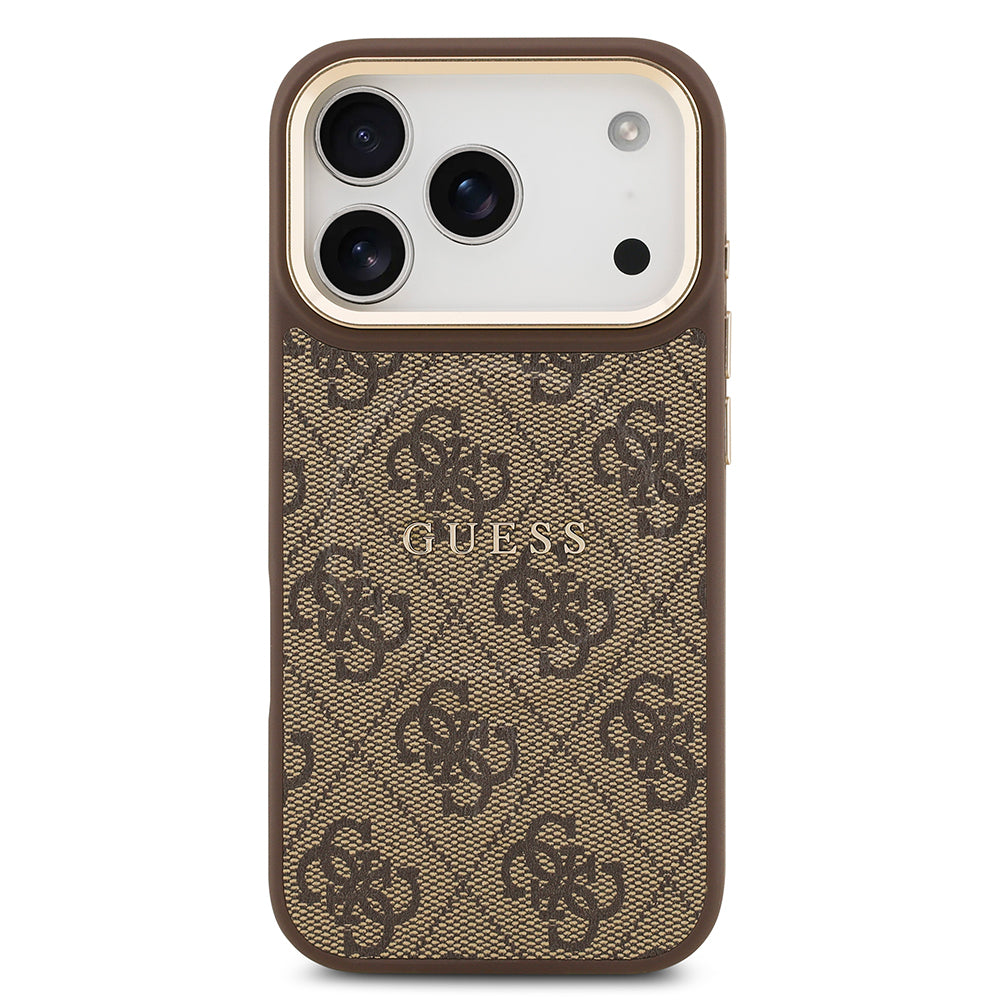 Apple iPhone 17 Pro Kılıf Guess Orjinal Lisanslı M-safe Şarj Özellikli Gold Metal Kamera Çerçeveli PU Deri 4G Desenli Yazı Logolu Kapak