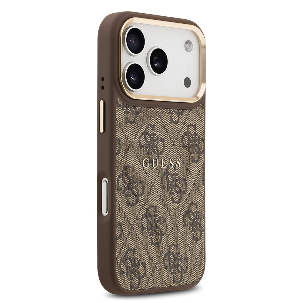 Apple iPhone 17 Pro Kılıf Guess Orjinal Lisanslı M-safe Şarj Özellikli Gold Metal Kamera Çerçeveli PU Deri 4G Desenli Yazı Logolu Kapak