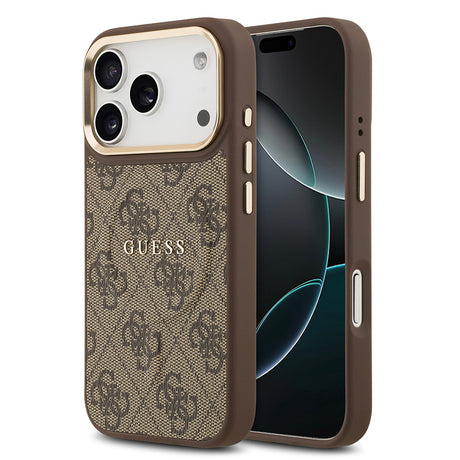Apple iPhone 17 Pro Kılıf Guess Orjinal Lisanslı M-safe Şarj Özellikli Gold Metal Kamera Çerçeveli PU Deri 4G Desenli Yazı Logolu Kapak