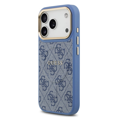 Apple iPhone 17 Pro Kılıf Guess Orjinal Lisanslı M-safe Şarj Özellikli Gold Metal Kamera Çerçeveli PU Deri 4G Desenli Yazı Logolu Kapak