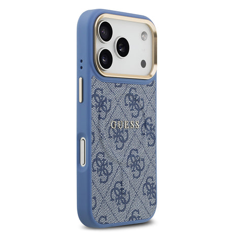 Apple iPhone 17 Pro Kılıf Guess Orjinal Lisanslı M-safe Şarj Özellikli Gold Metal Kamera Çerçeveli PU Deri 4G Desenli Yazı Logolu Kapak