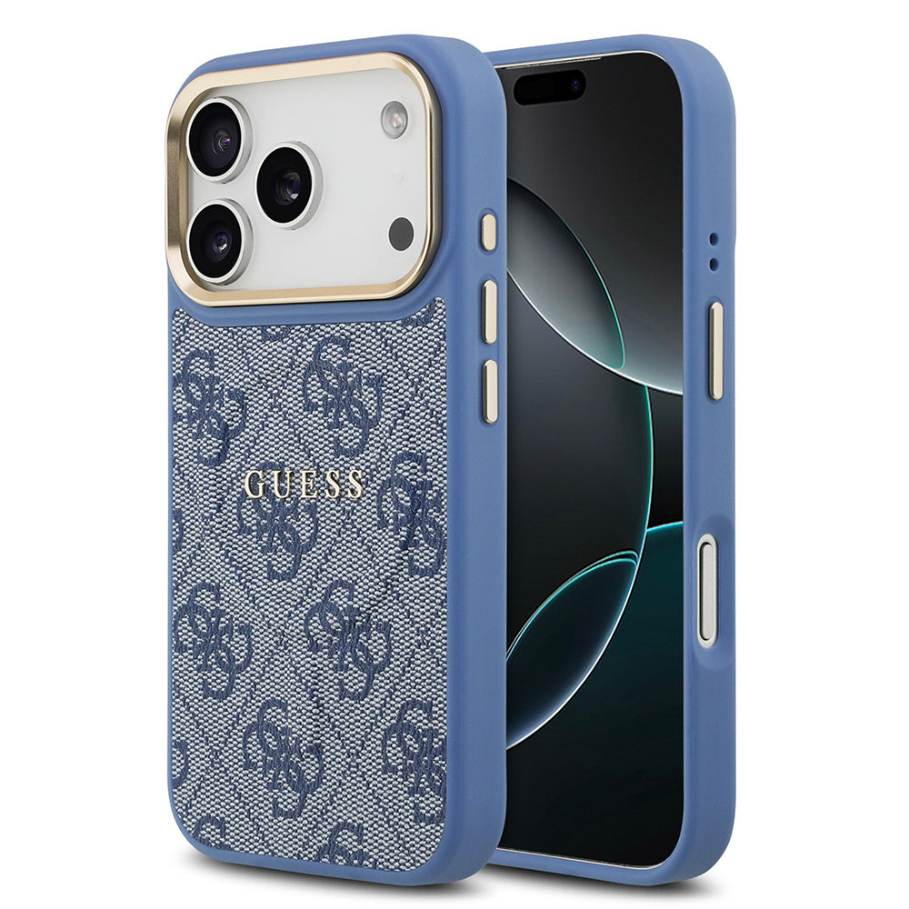 Apple iPhone 17 Pro Kılıf Guess Orjinal Lisanslı M-safe Şarj Özellikli Gold Metal Kamera Çerçeveli PU Deri 4G Desenli Yazı Logolu Kapak