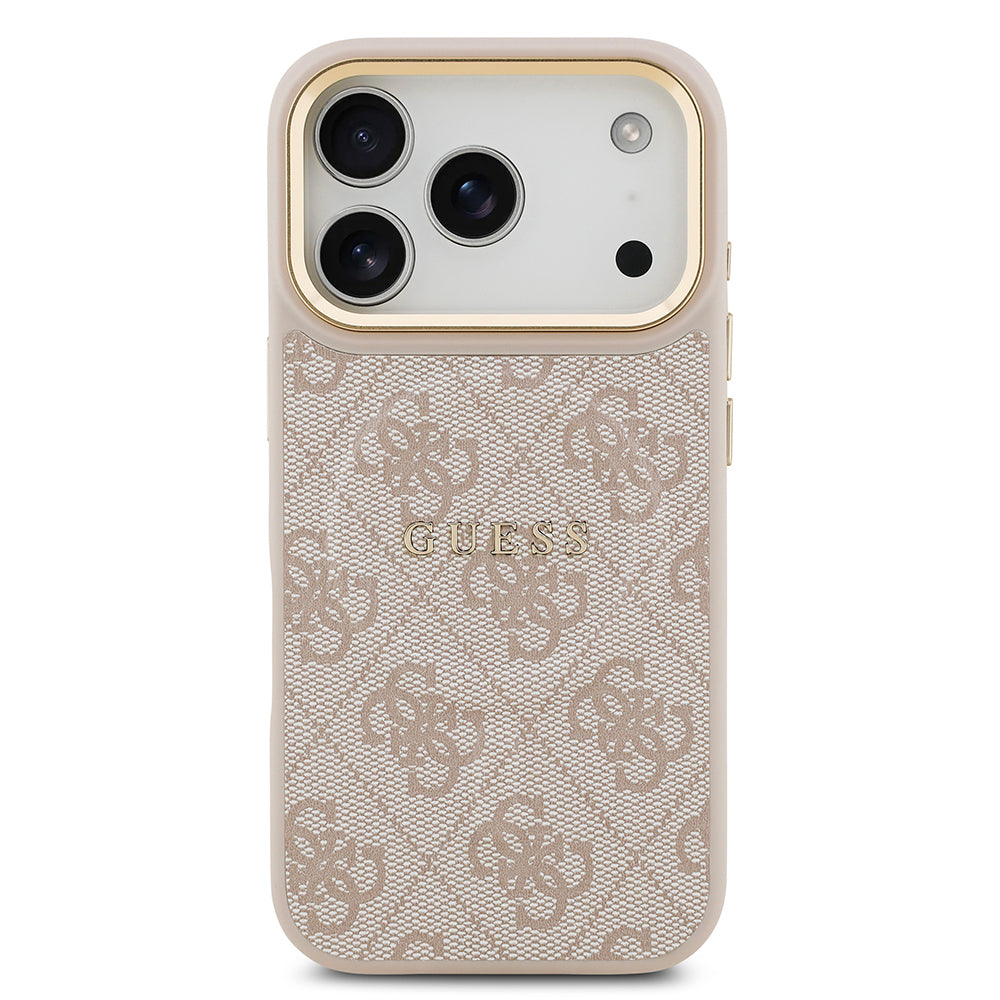Apple iPhone 17 Pro Kılıf Guess Orjinal Lisanslı M-safe Şarj Özellikli Gold Metal Kamera Çerçeveli PU Deri 4G Desenli Yazı Logolu Kapak