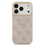 Apple iPhone 17 Pro Kılıf Guess Orjinal Lisanslı M-safe Şarj Özellikli Gold Metal Kamera Çerçeveli PU Deri 4G Desenli Yazı Logolu Kapak