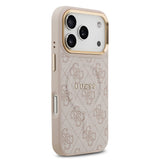 Apple iPhone 17 Pro Kılıf Guess Orjinal Lisanslı M-safe Şarj Özellikli Gold Metal Kamera Çerçeveli PU Deri 4G Desenli Yazı Logolu Kapak