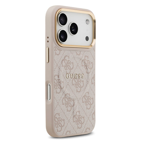 Apple iPhone 17 Pro Kılıf Guess Orjinal Lisanslı M-safe Şarj Özellikli Gold Metal Kamera Çerçeveli PU Deri 4G Desenli Yazı Logolu Kapak