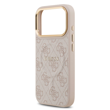 Apple iPhone 17 Pro Kılıf Guess Orjinal Lisanslı M-safe Şarj Özellikli Gold Metal Kamera Çerçeveli PU Deri 4G Desenli Yazı Logolu Kapak