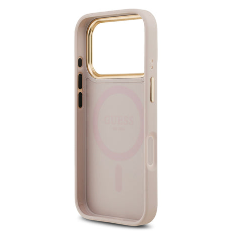 Apple iPhone 17 Pro Kılıf Guess Orjinal Lisanslı M-safe Şarj Özellikli Gold Metal Kamera Çerçeveli PU Deri 4G Desenli Yazı Logolu Kapak