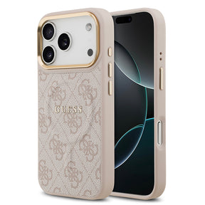 Apple iPhone 17 Pro Kılıf Guess Orjinal Lisanslı M-safe Şarj Özellikli Gold Metal Kamera Çerçeveli PU Deri 4G Desenli Yazı Logolu Kapak