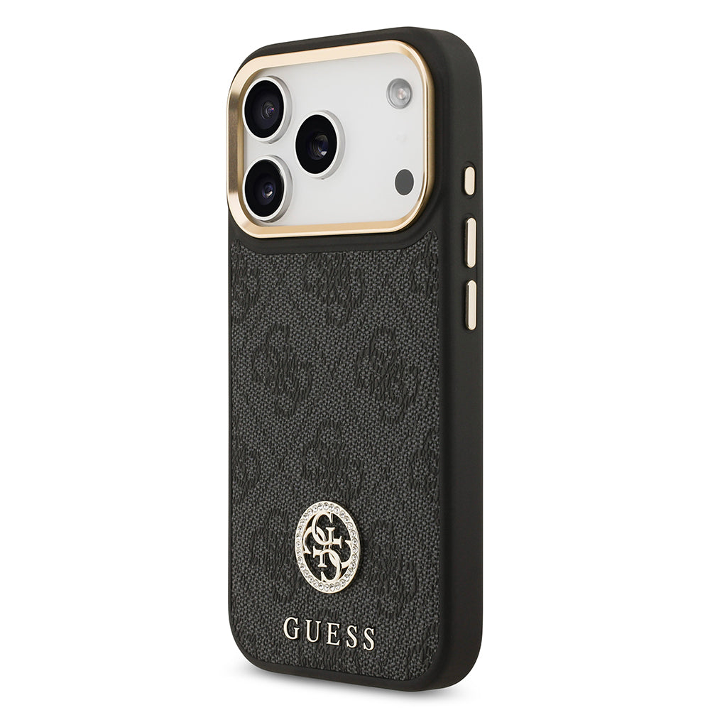 Apple iPhone 17 Pro Kılıf Guess Orjinal Lisanslı M-safe Şarj Özellikli Gold Metal Kamera Çerçeveli Taşlı 4G Logolu Kapak