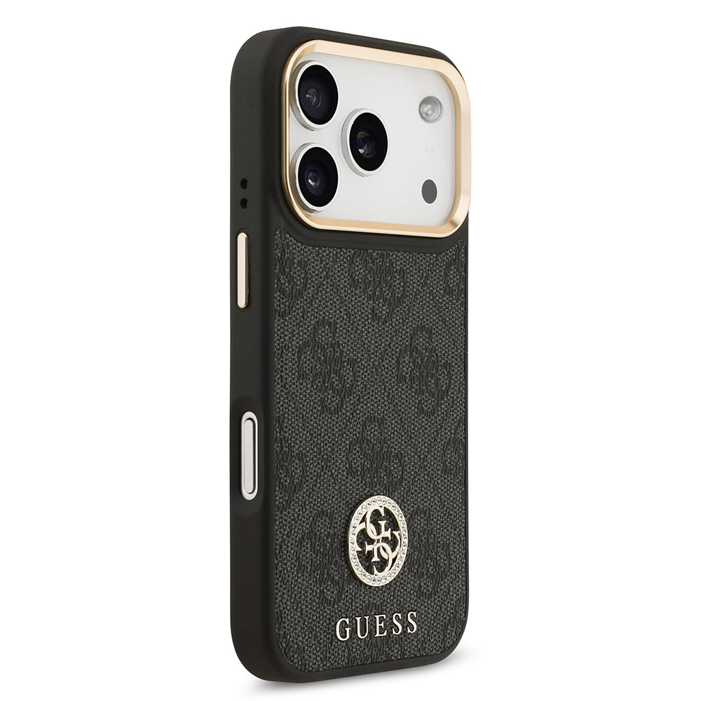 Apple iPhone 17 Pro Kılıf Guess Orjinal Lisanslı M-safe Şarj Özellikli Gold Metal Kamera Çerçeveli Taşlı 4G Logolu Kapak