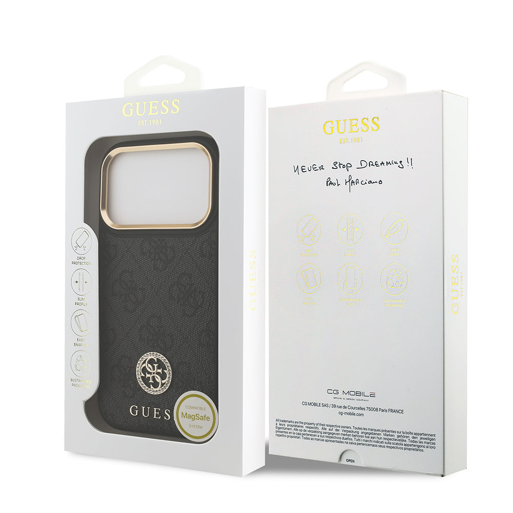 Apple iPhone 17 Pro Kılıf Guess Orjinal Lisanslı M-safe Şarj Özellikli Gold Metal Kamera Çerçeveli Taşlı 4G Logolu Kapak